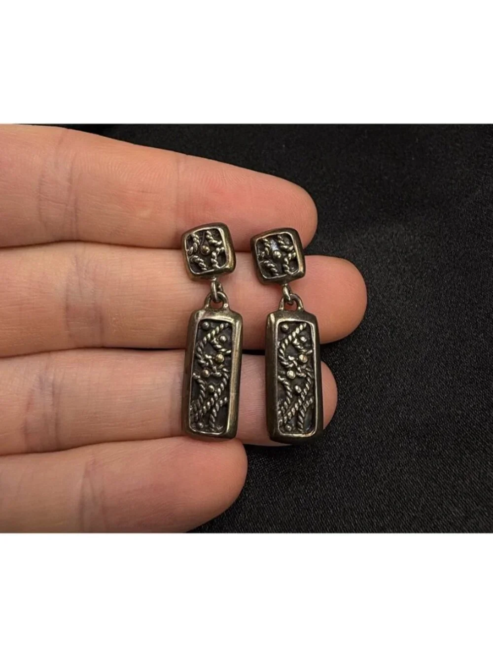 Vintage 925 Sterling Silver Rectangular Dangle Earrings With Floral Detailing